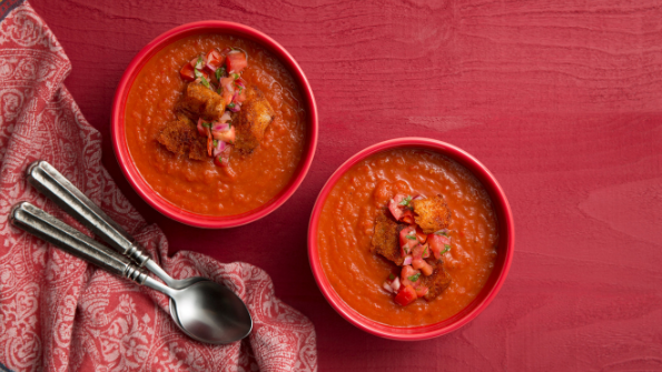 Roasted Red Pepper & Tomato Soup with Paprika-Rubbed Croutons