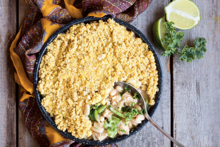 White Bean and Turkey Chili with Cornbread Crumble