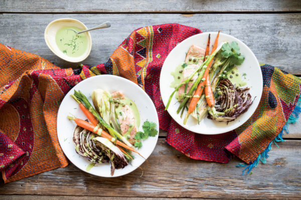 Roasted Vegetables and Trout with Green Goddess Cream