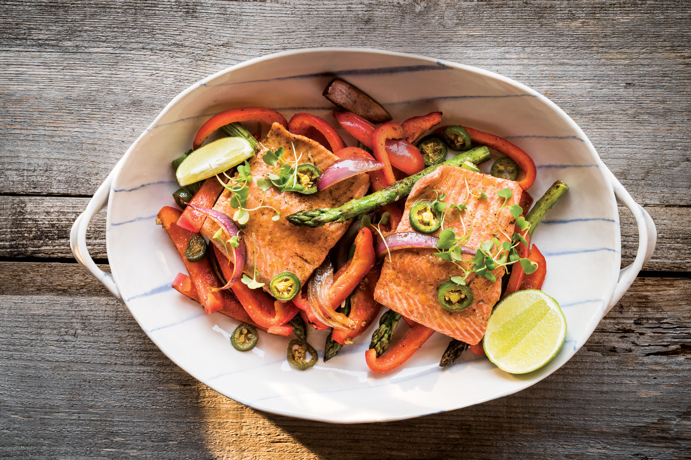 Sheet Pan Citrus Salmon with Roasted Onions and Peppers