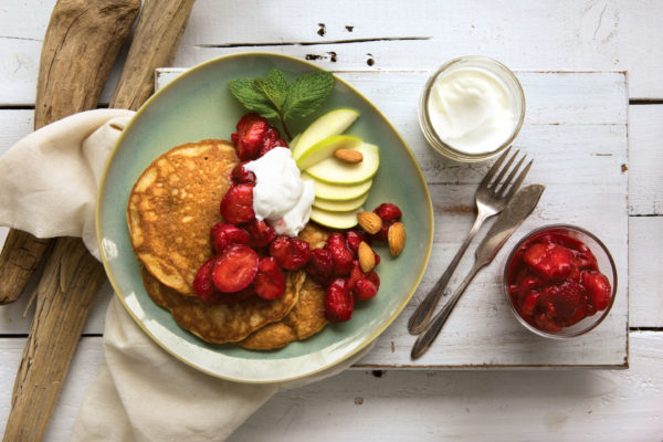 Coconut Pancakes with Strawberry-Mint Compote
