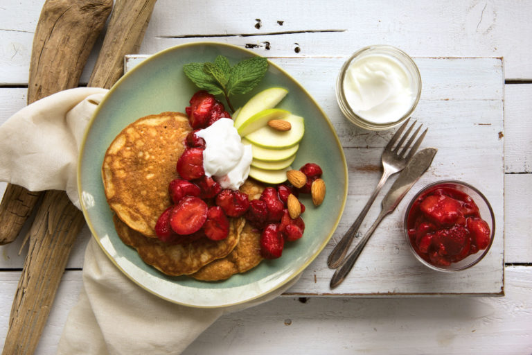 Coconut Pancakes with Strawberry-Mint Compote