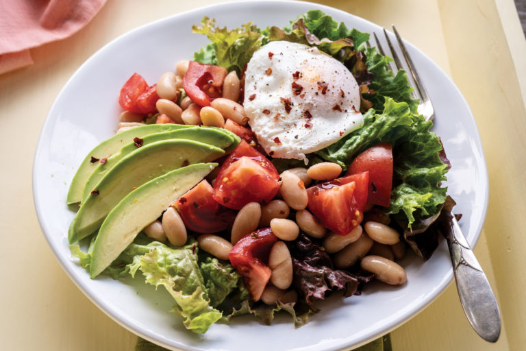 Tomatoes, Eggs, and Beans with Creamy Kale Stem Pesto