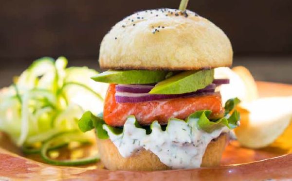 Smoky Glazed Salmon Sliders with Yogurt-Caper Dill Sauce