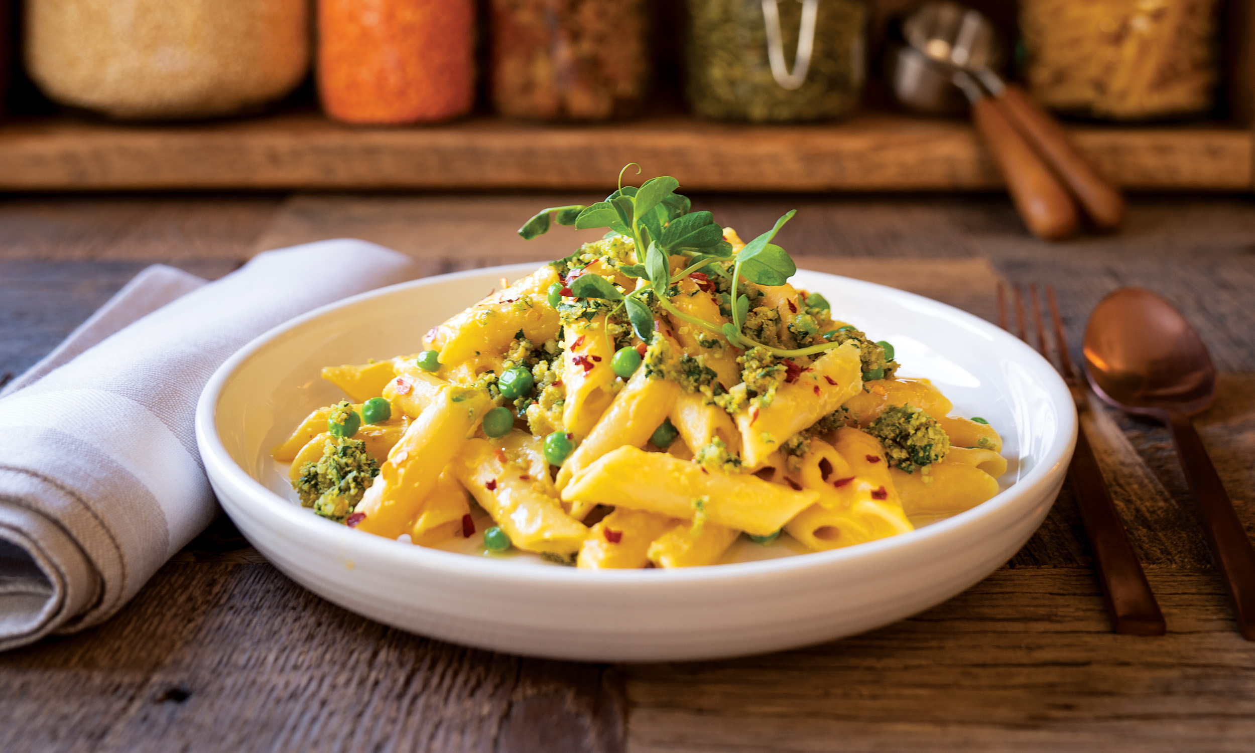 Creamy Butternut Pasta with Cashew Crumble Topping Delicious Living