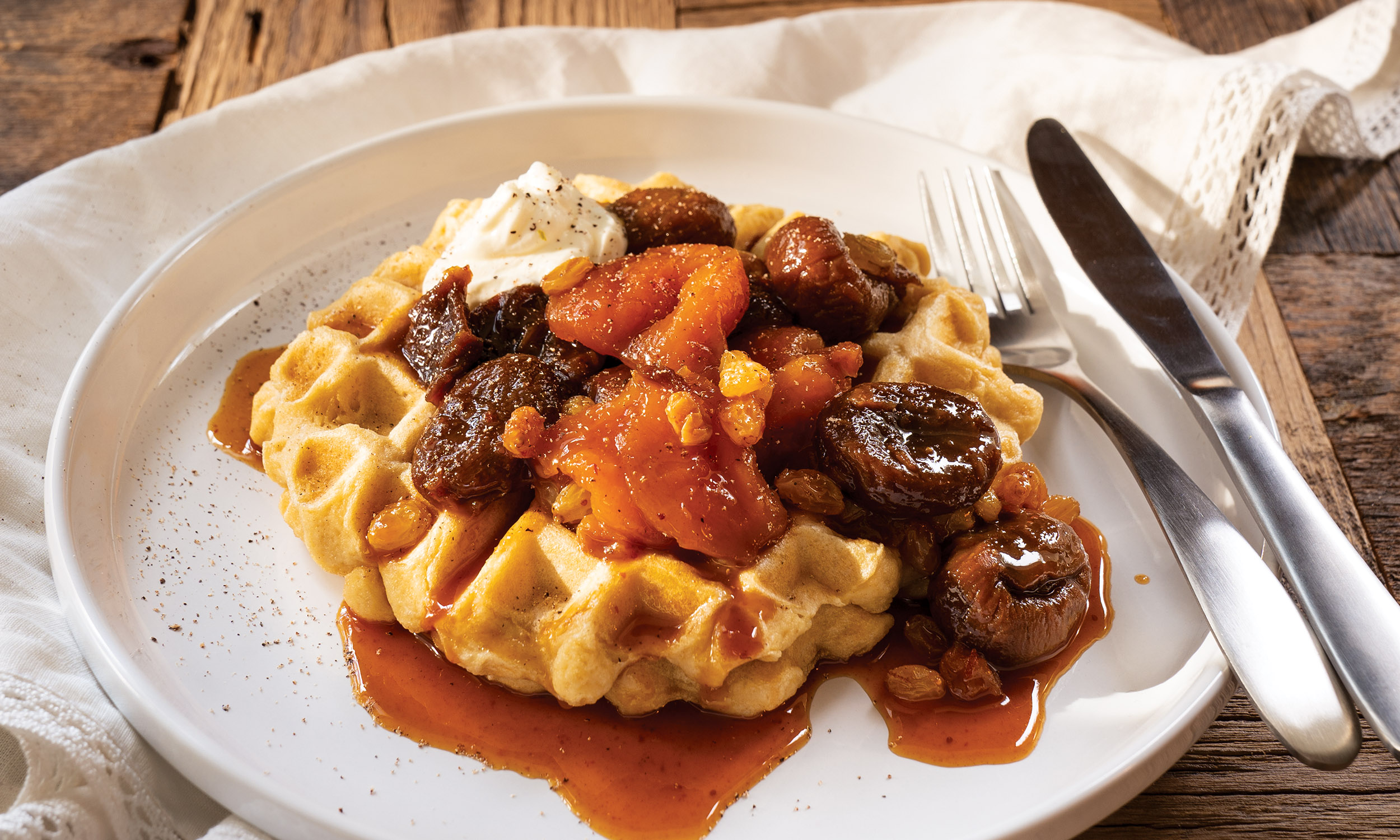 Waffles with Winter Fruit Spiced Compote Delicious Living