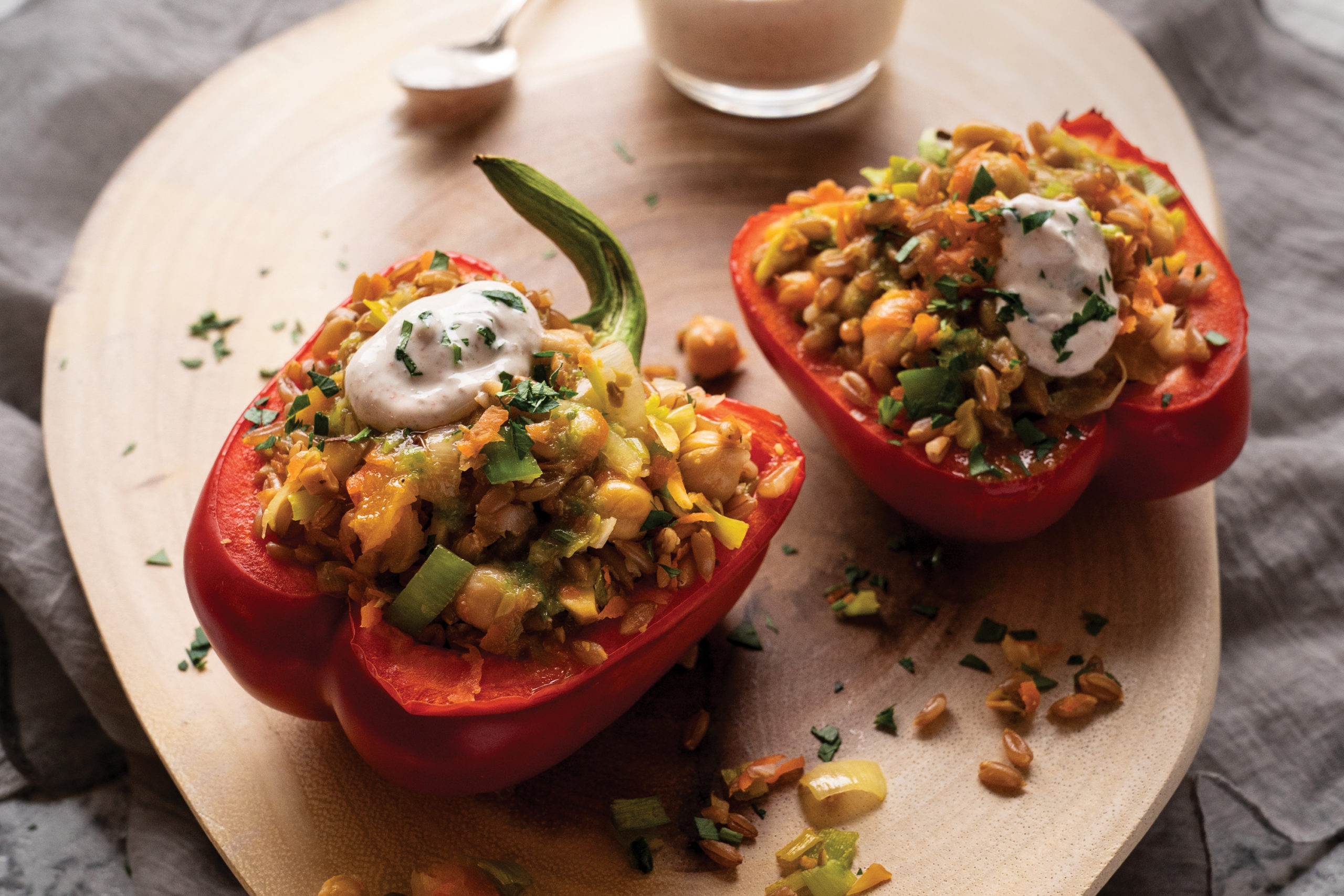 Freekeh and Leek Stuffed Peppers with Onion Oil Delicious Living