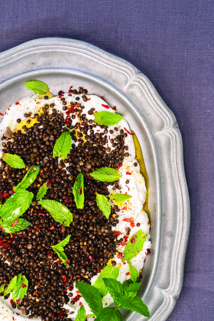 Black “Caviar” Lentils Tumbled Over Creamy Yogurt with Mint Delicious