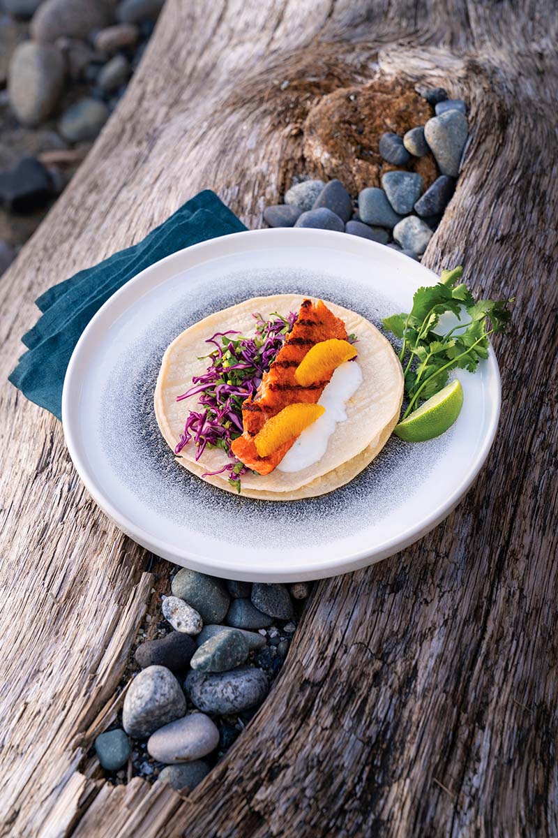 Salmon Tacos with Red Cabbage and Orange Slaw with Lime Yogurt - Delicious Living