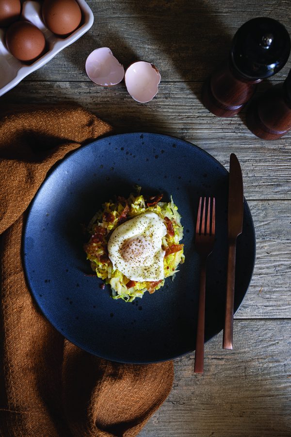 Poached Eggs with Savoy Cabbage and Serrano Ham