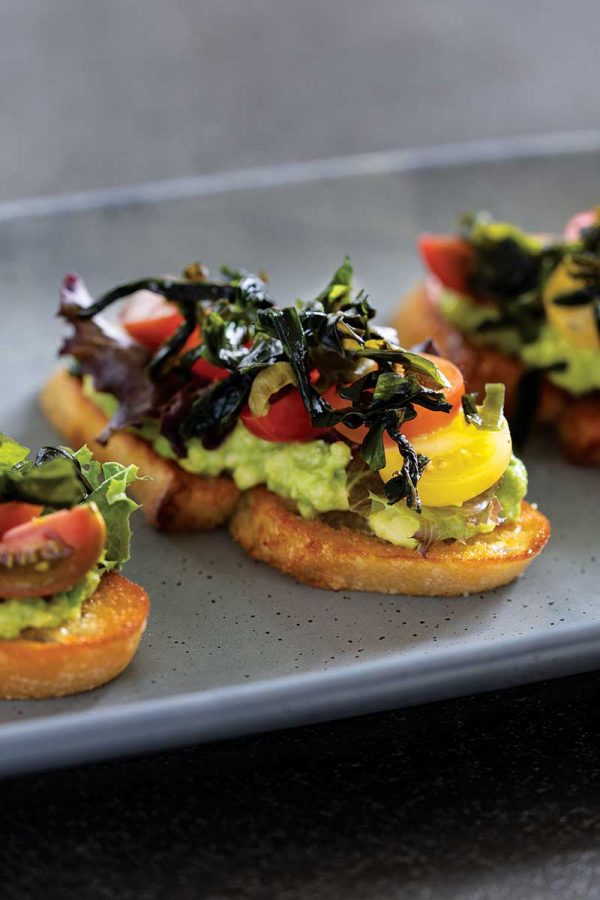DLTs- Dulse, Lettuce, Tomato, and Avocado Crostini