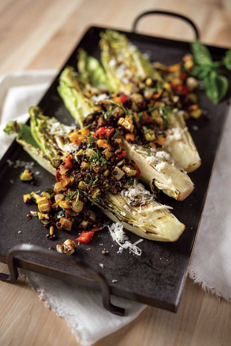 Roasted Summer Vegetable Salad on Charred Romaine - Delicious Living