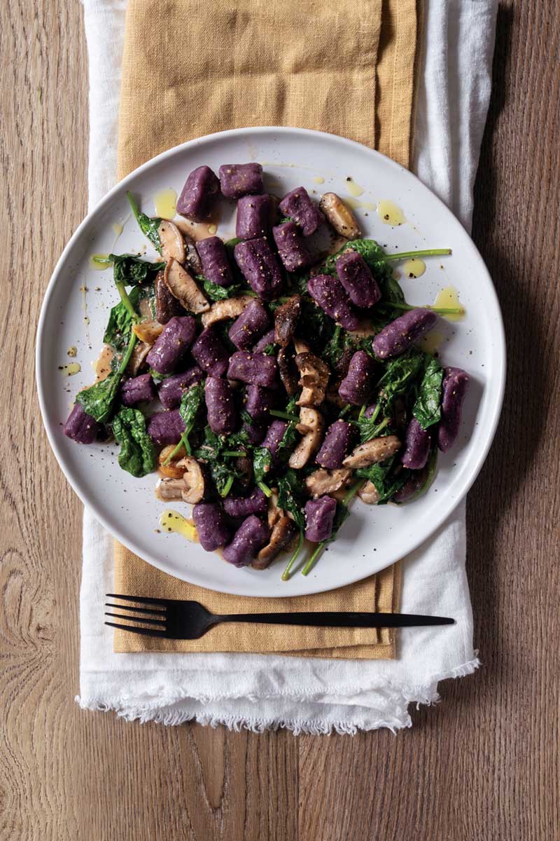 Purple Sweet Potato Gnocchi with Spinach, Miso, Garlic, and Thyme
