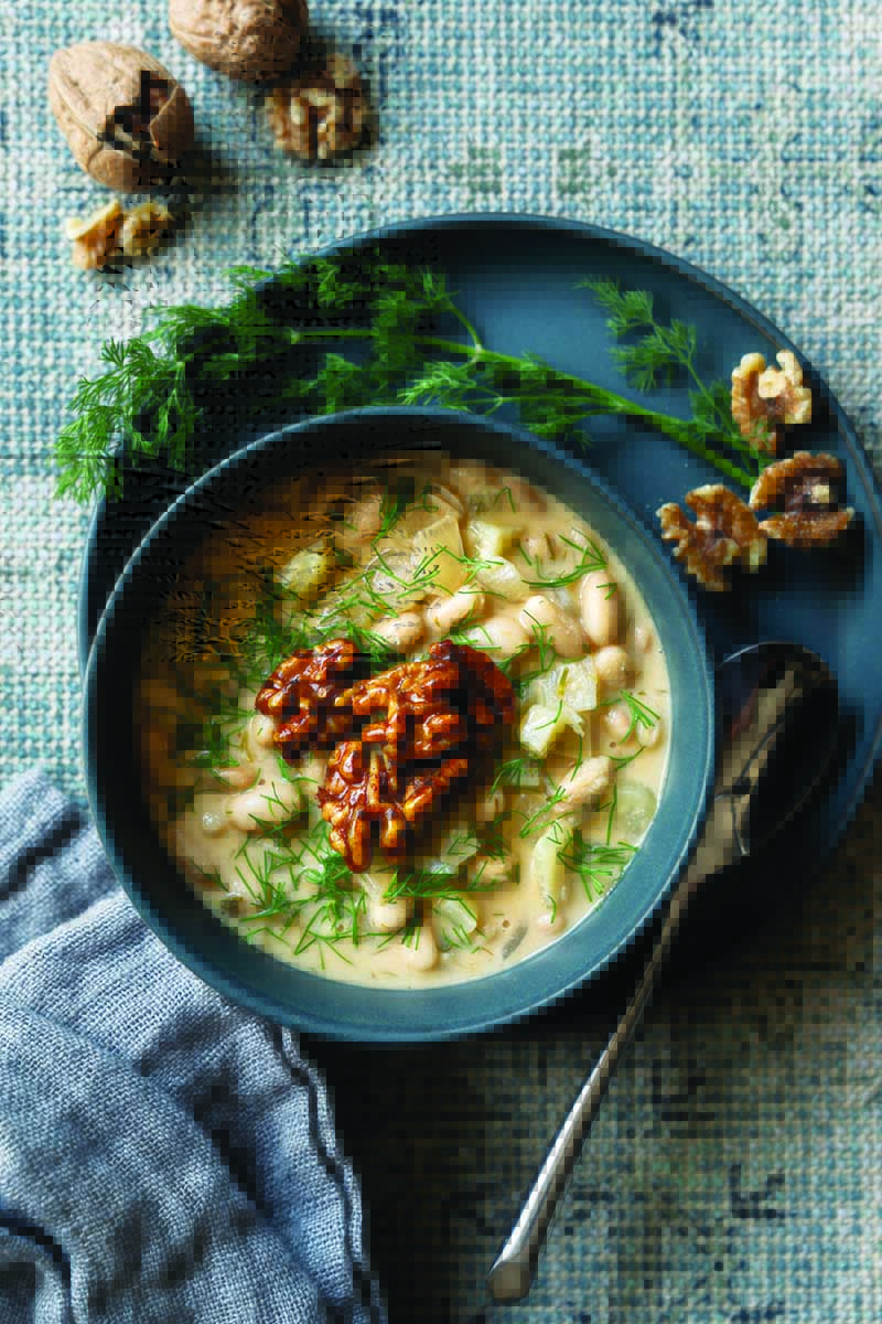White Bean Dill Soup with Sweet and Smokey Walnuts - Delicious Living