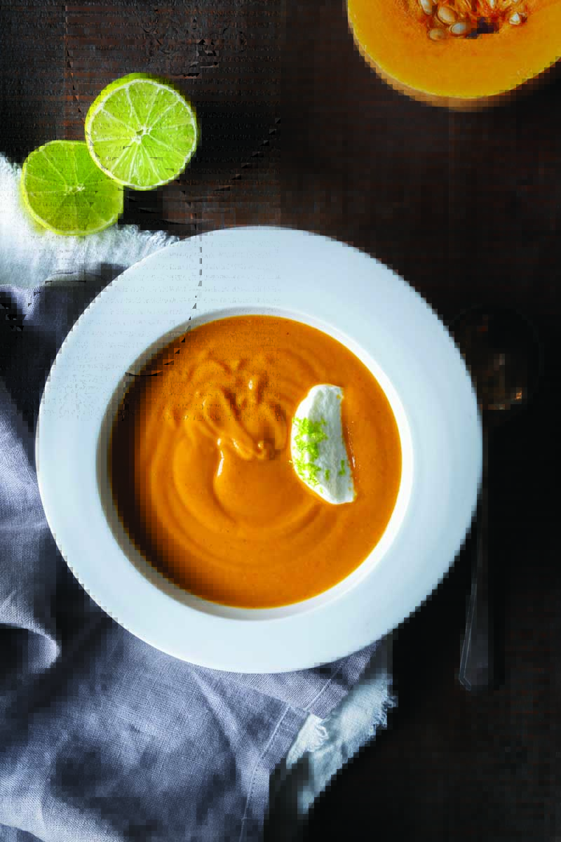 Butternut Squash Soup with Harissa and Lime Yogurt - Delicious Living