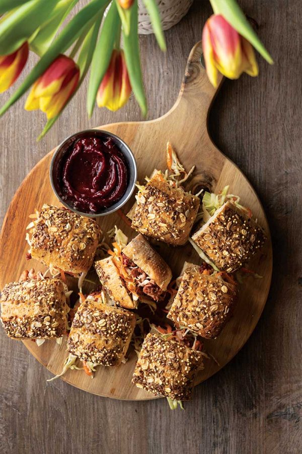 Rhubarb BBQ Pulled Chicken Sliders Rhubarb barbecue pulled chicken sliders