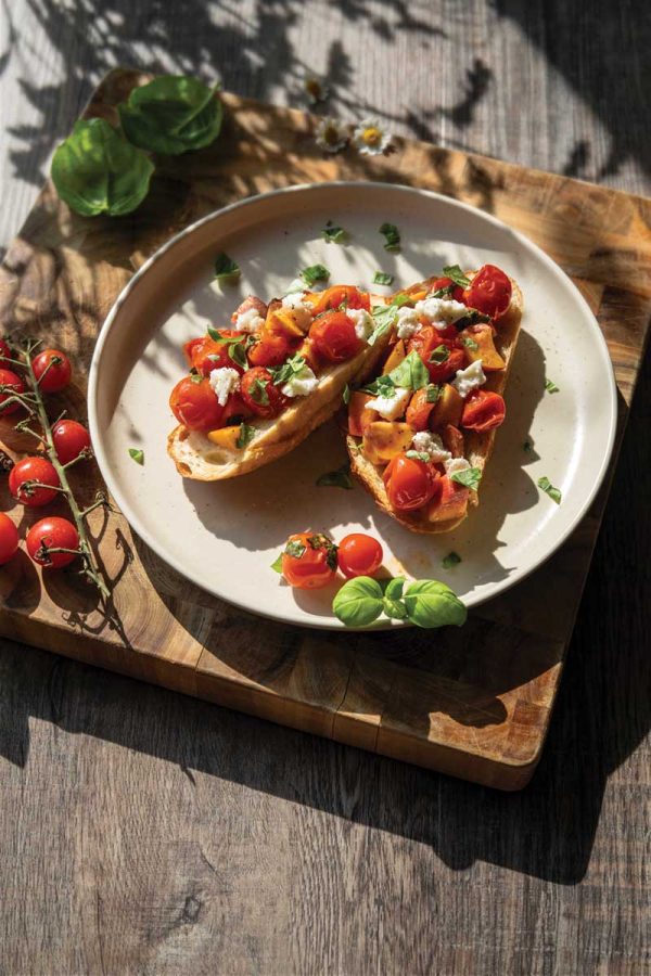 Buffalo Mozzarella Toasts with Roasted Tomatoes and Fruit Buffalo mozzarella toasts