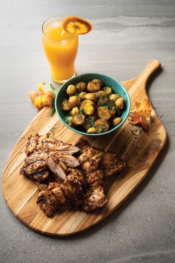 Harissa Smothered Chicken with Golden Grilled Potatoes Harissa chicken and golden potatoes