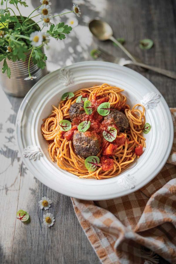Italian Sheet-Pan Bison Meatballs with Spaghetti Bison meatballs with spaghetti