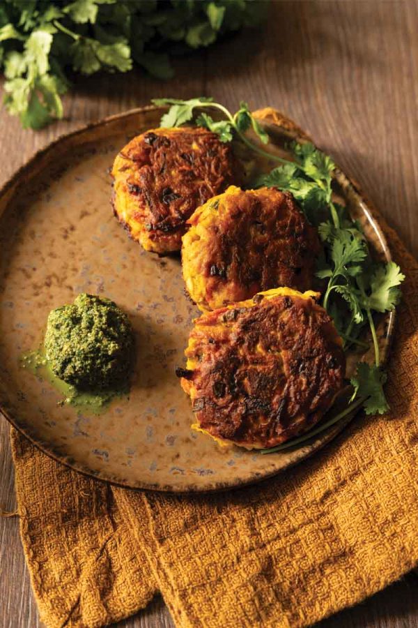 Crispy Sweet Potato Patties with Spicy Cilantro Chutney Crispy sweet potato patties with spicy cilantro chutney