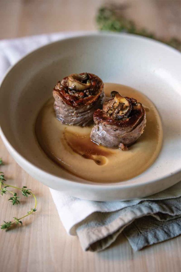 Mushroom Stuffed Steak Pinwheels with Roasted Carrot and Cauliflower Purée