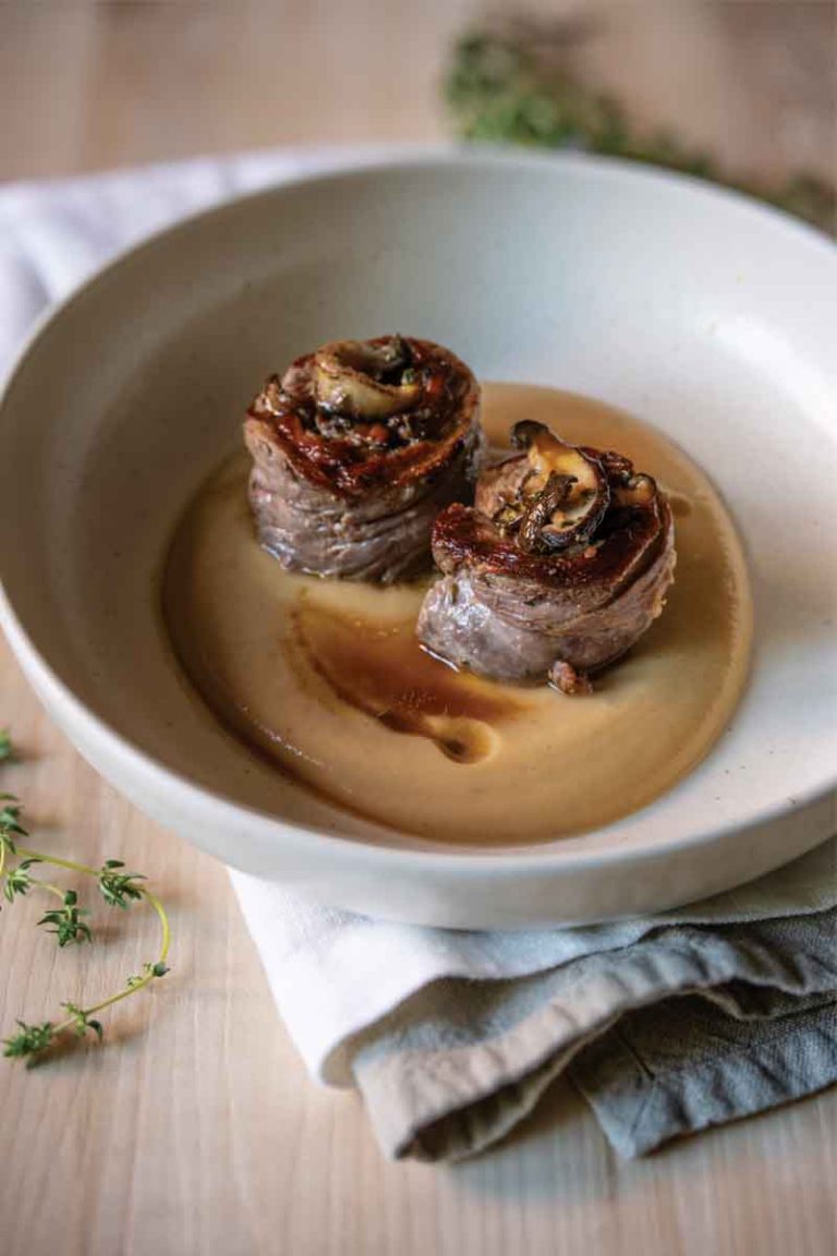 Mushroom Stuffed Steak Pinwheels with Roasted Carrot and Cauliflower Purée