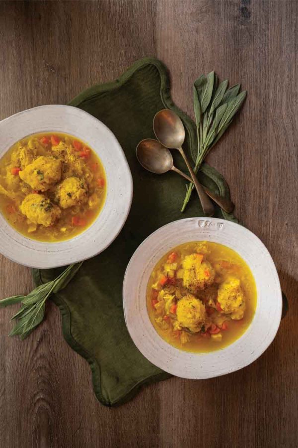 Turmeric Chicken Soup with Sage and Horseradish Dumplings