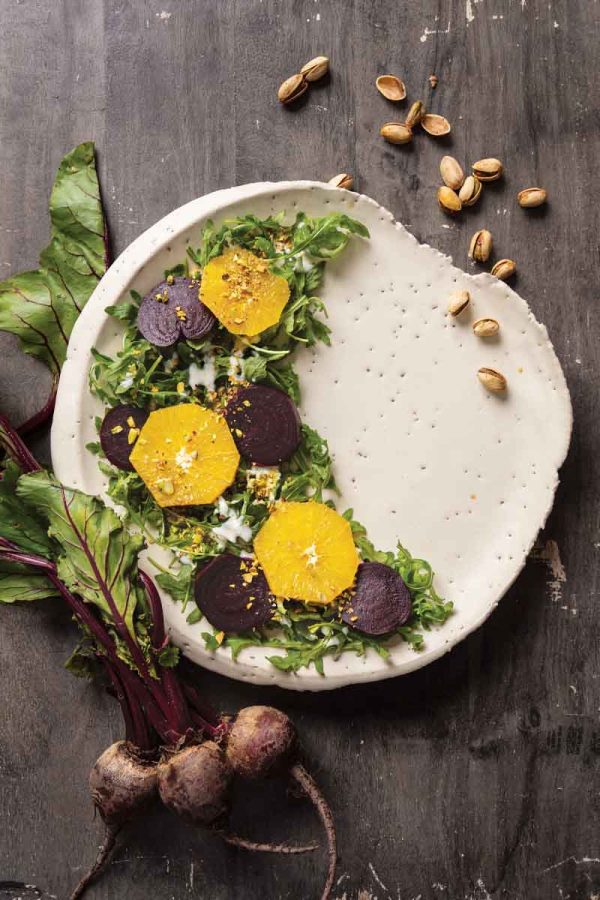 Arugula, Beet, Orange, and Pistachio Salad with Kefir, Honey, and Orange Dressing