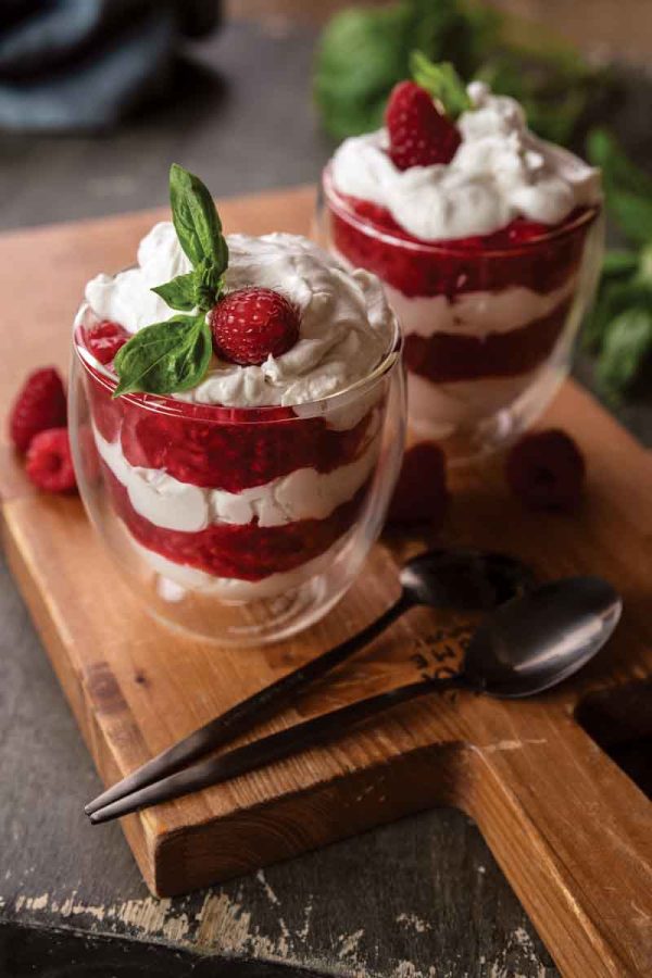 Whipped Coconut Cream and Raspberry Basil Rhubarb Fool