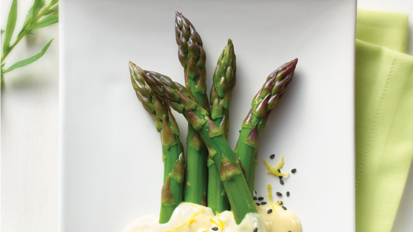 blanched asparagus with lemon-tahini dressing