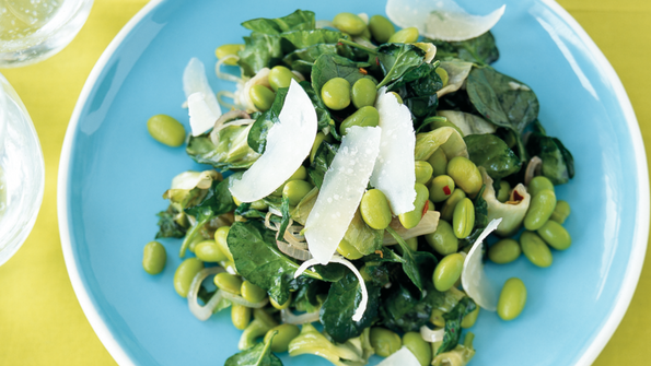 Edamame with Shallots and Braised Greens 